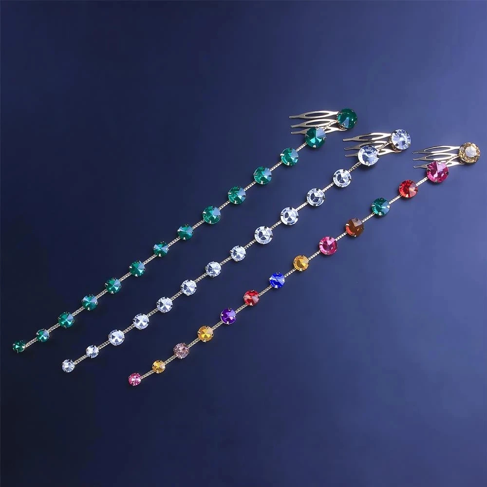 Fashion Colored Braid Bridal Hair Comb Wedding Accessories for Women Rhinestone Hair Pins Crystal Long Chain Headband Jewelry