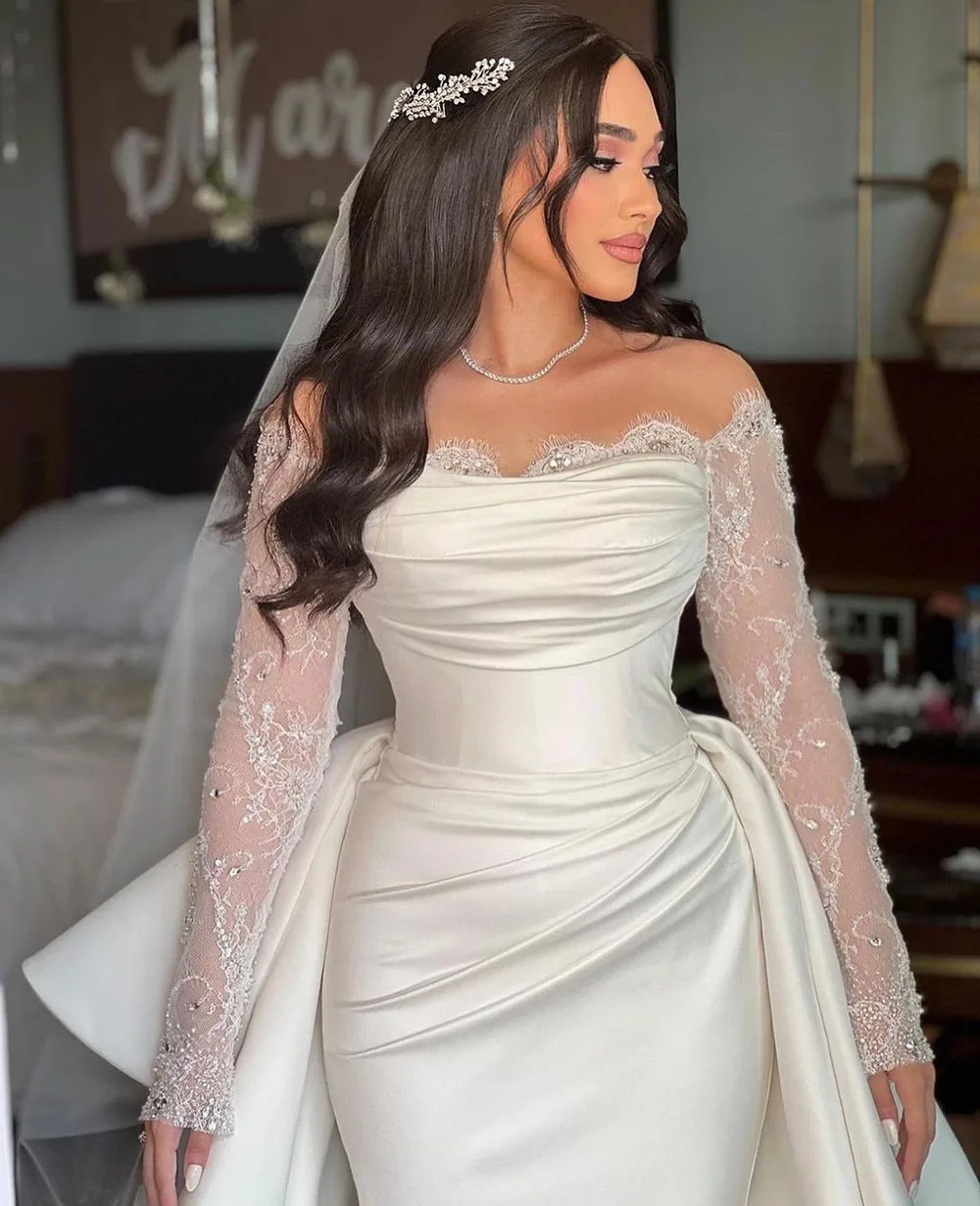 Msikoods Luxury Mermaid Wedding Dresses vestidos de noiva Lace Long Sleeves Bridal Gowns With Detachable Train Bride Dress