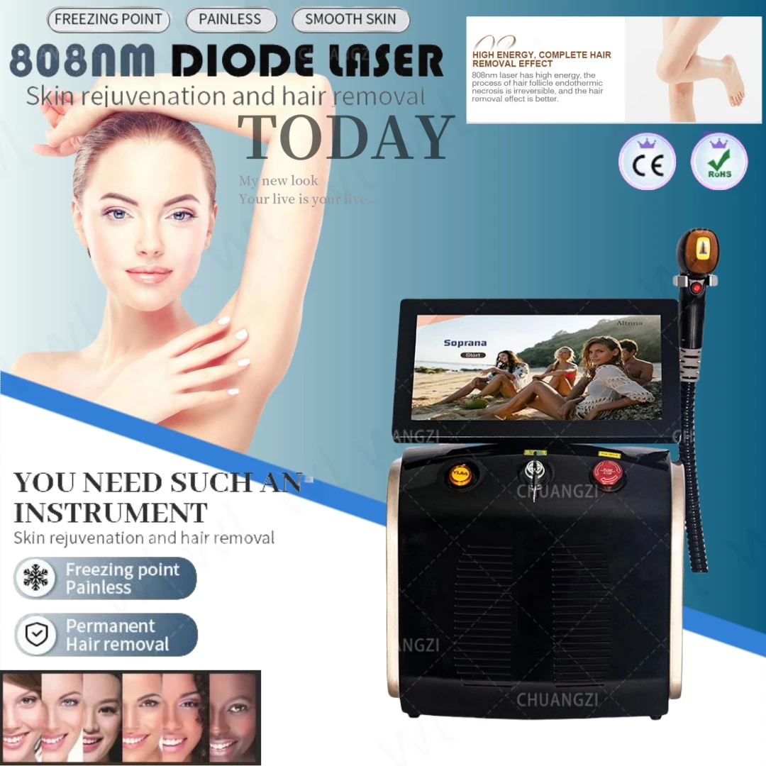 

2024 Portable 808 755 Alexandrite Professional Diode Ice Titanium Laser Device 3 waves IPL Permanent CE Woman Body Black 3000w