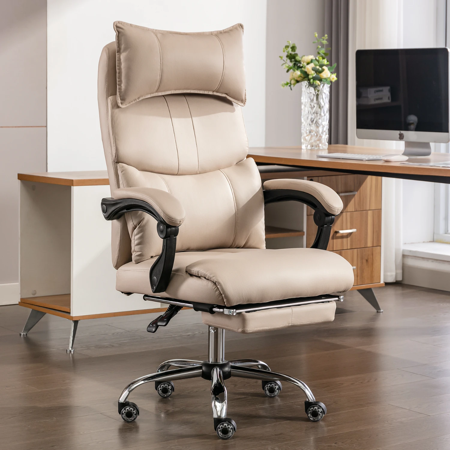Chaise de bureau ergonomique, fauteuil de direction en tissu technique, chaise de bureau pivotante réglable en hauteur avec double soutien lombaire réglable, beige