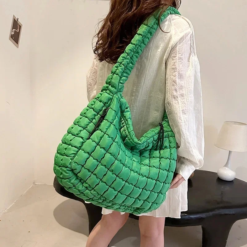 Casual Ruched Hobos damskie torby na ramię pikowana wyściełana torba Crossbody o dużej pojemności nylonowa puchowa torba z grubej bawełny duże torebki na zakupy — zdjęcie 2