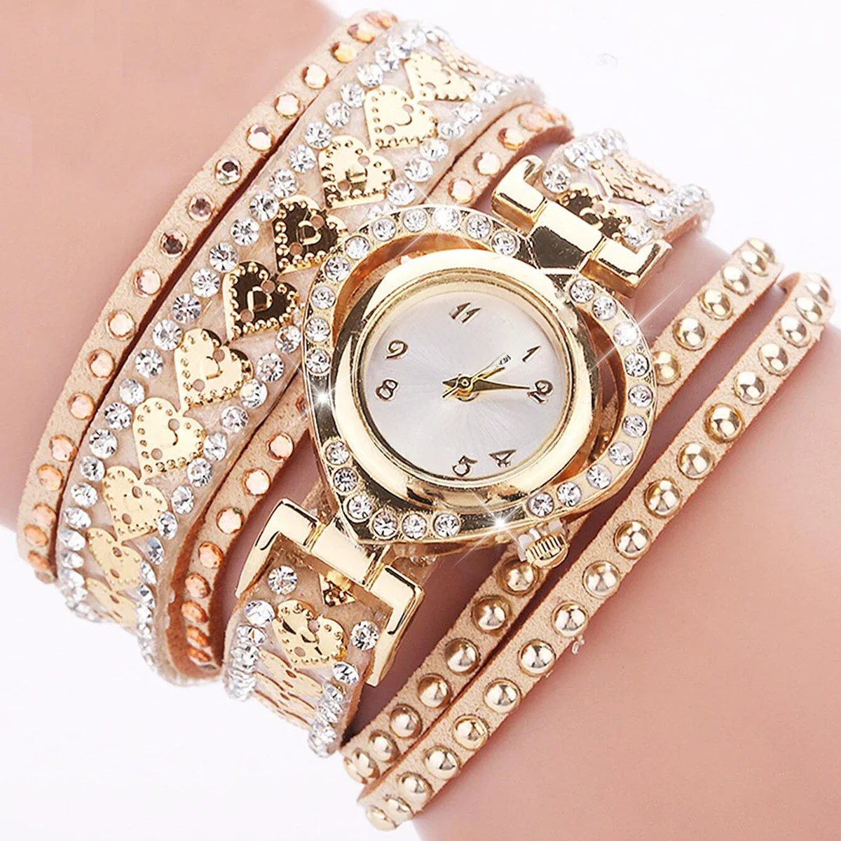 Mode strass coeur cadran femmes montres longue bande de velours montre-bracelet