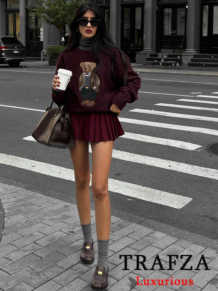 TRAFZA Vintage Casual Chic Burgundy Women Skirt Solid Zippers Short Pleated Skirt Fashion 2024 Autumn Winter Y2K Girl Mini Skirt