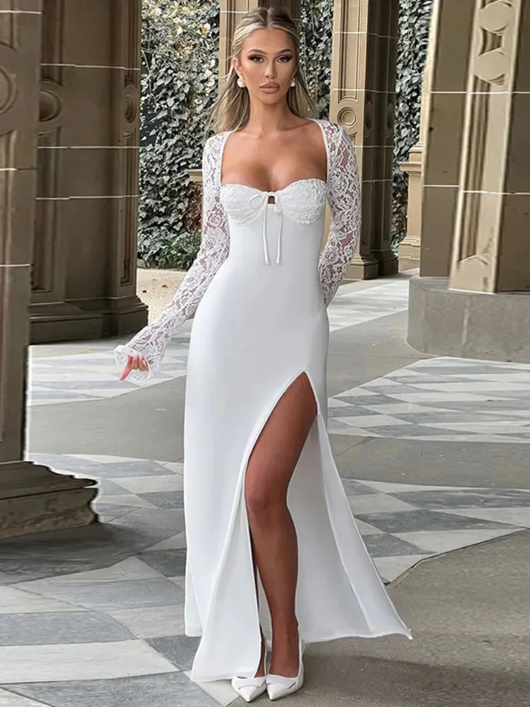 Mozision Lace Long Sleeve Sexy Maxi Dress Women Autumn New Square Collar Backless Lace-up High Split Sexy Club Party Long Dress — zdjęcie 2