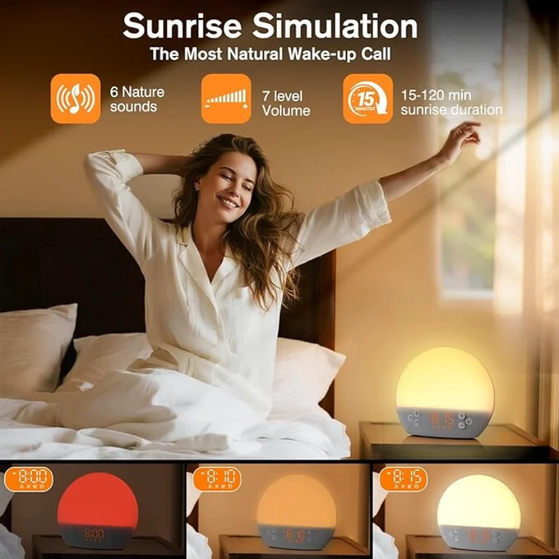 Digital Alarm Clock with Sunrise Simulation Dimmable Night Light White Noise Sound Machine with 30 Soothing Sound for Home Decor