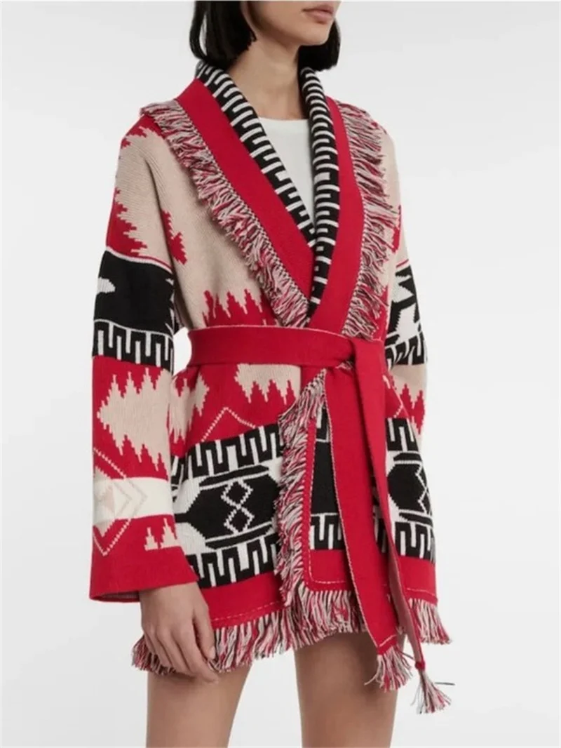 HIGH QUALITY Ethnic Boho Gypsy Bohemian Stylish Women\'s Cashmere Wool Jacquard Print Fringed Belted Wrap Cardigan In Red