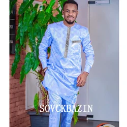 African Men Bazin Dashik Suit Clothing Casual 2 Pcs Set Shirt and Pant Nigerian Original Basin Men Outfit Party Wedding Clothes