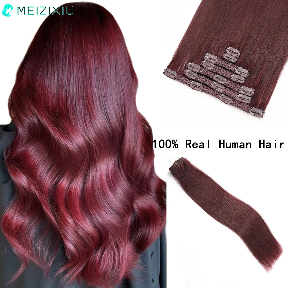 

Burgundy Clip In Hair Extensions Remy Real Hair Straight Double Weft 7PCS Clip-On HairPiece Clip In Human Hair for Women #99J