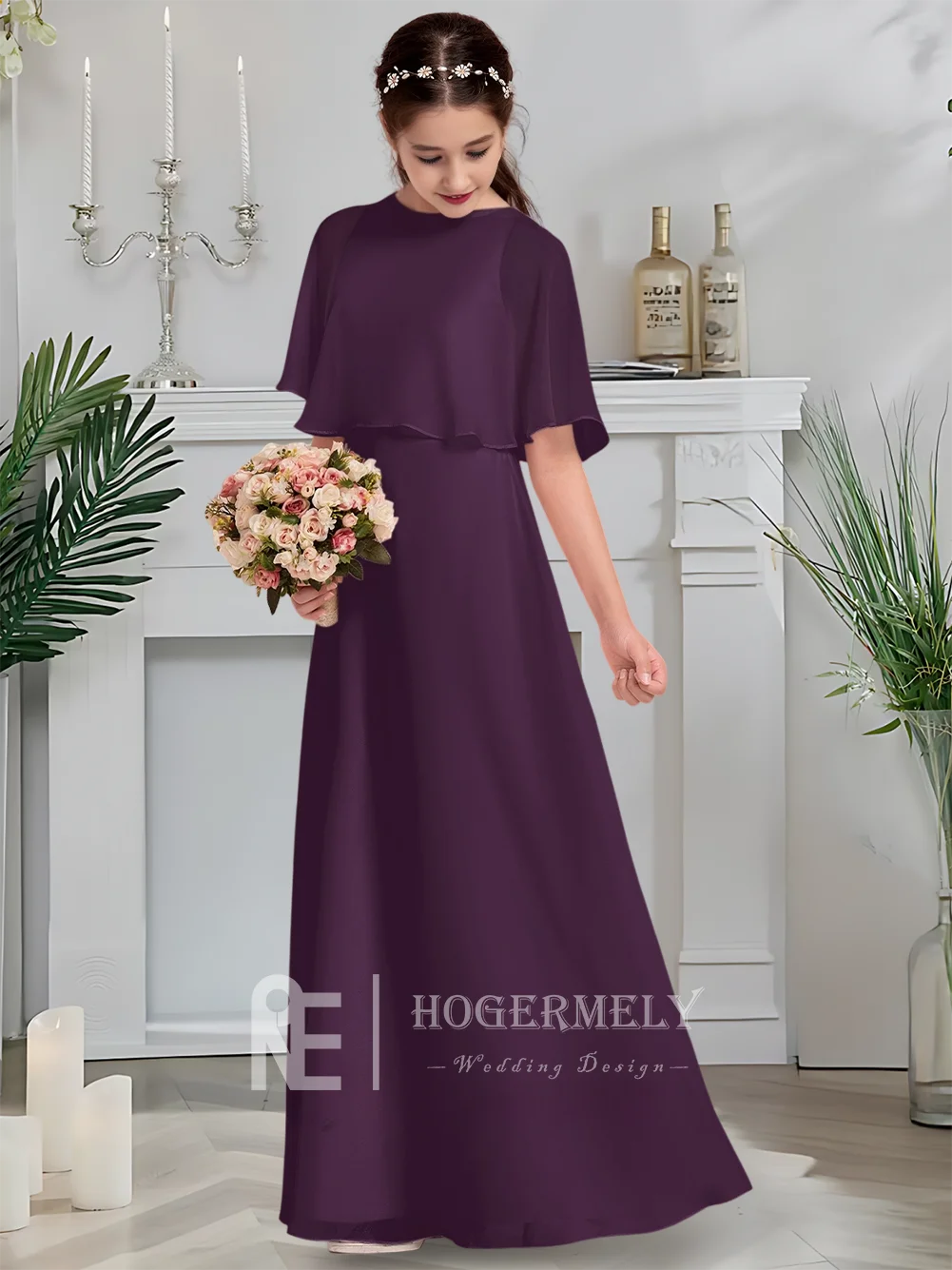 Luxuoso decote colher júnior vestido de dama de honra blush vestido da menina de flor até o chão chiffon festa de casamento vestido de soiree