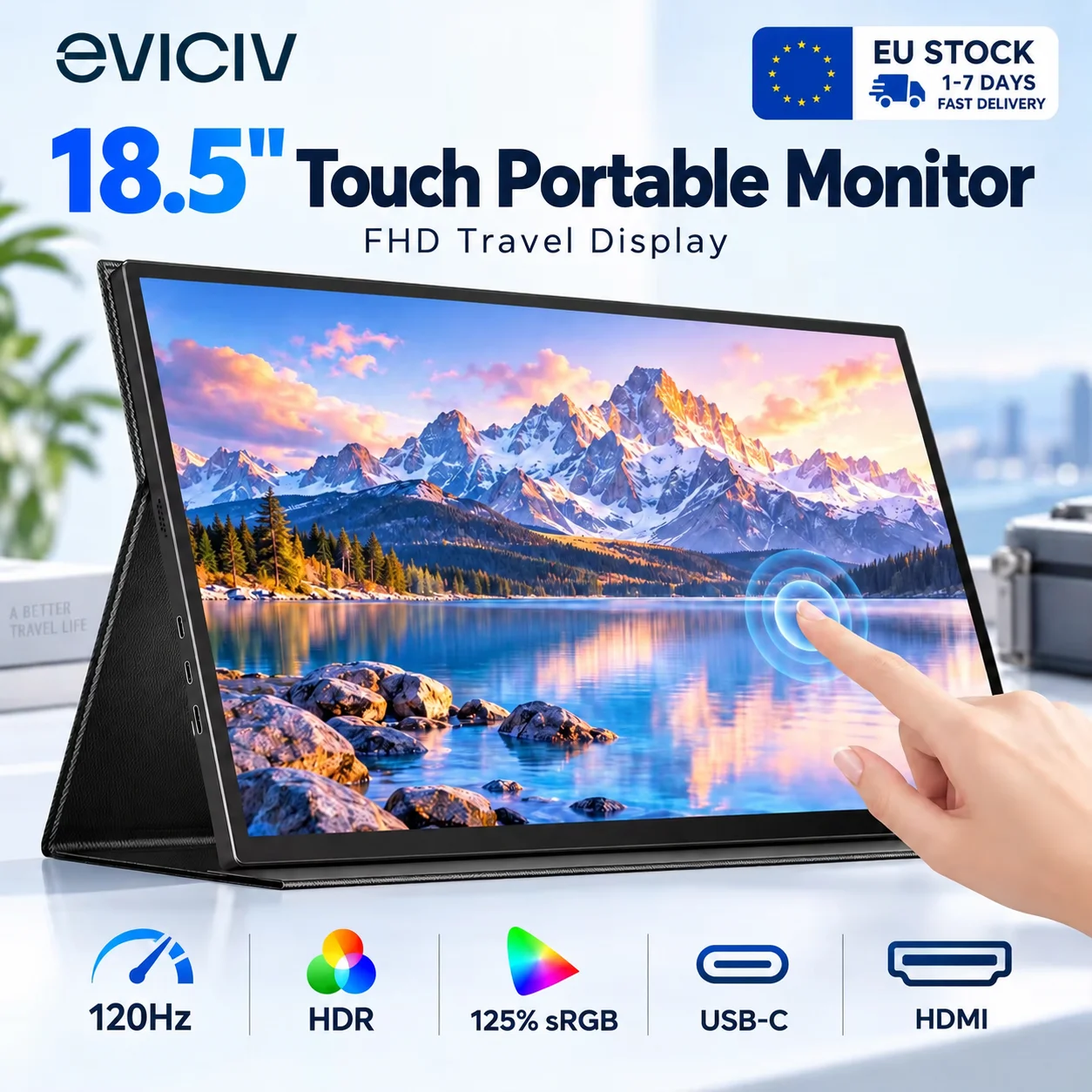 EVICIV Monitor Portatile Touch da 18,5 Pollici FHD 1080P 120Hz HDR IPS 125% SRGB USB-C HDMI Display da Viaggio Secondo Schermo per Laptop Mac PC