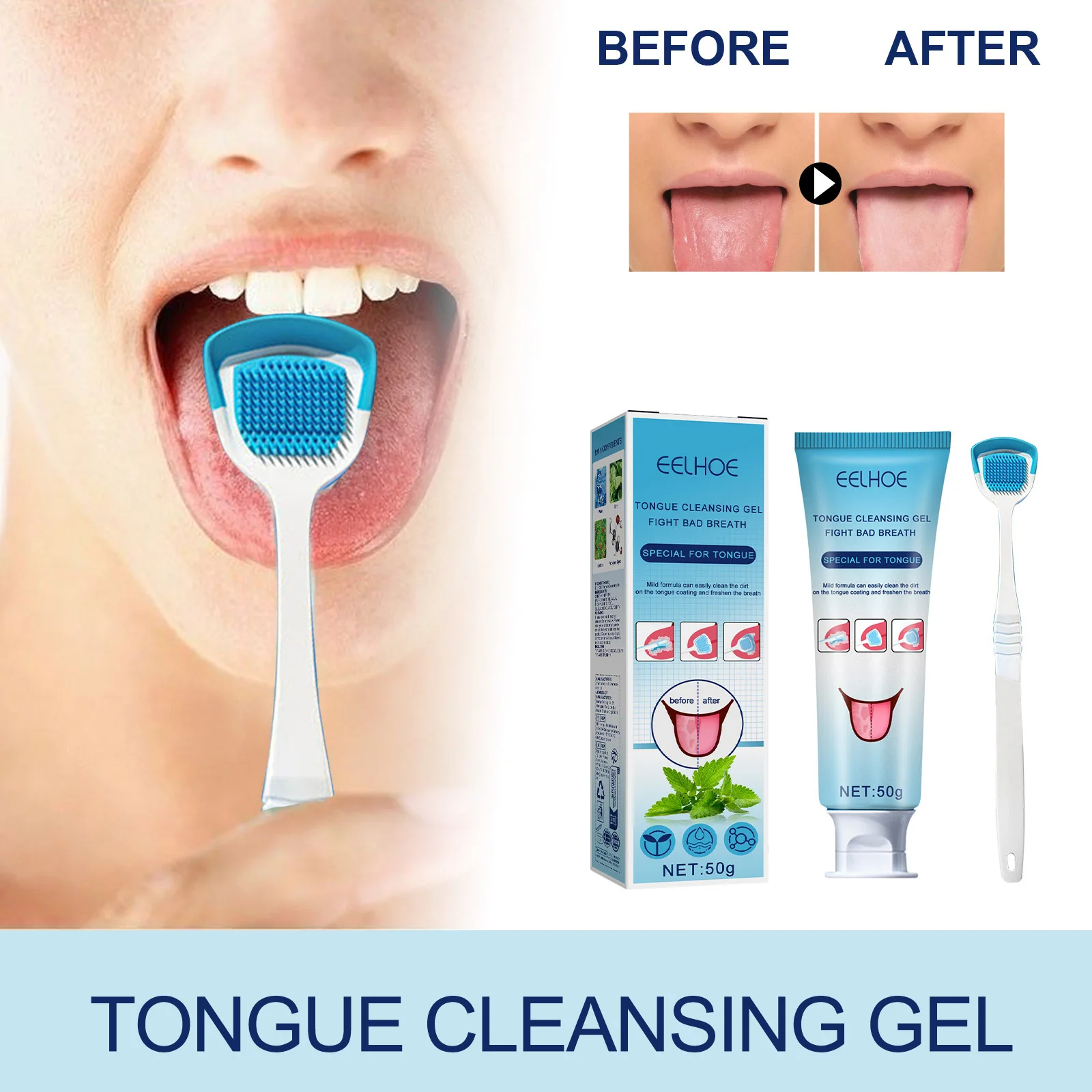 Eelhoe 50g Tongue Cleaning Gel With Brush Removal Odor Fresh Breath Tongue Clean Scraper Deodorant Health Oral Care Hygiene Gel