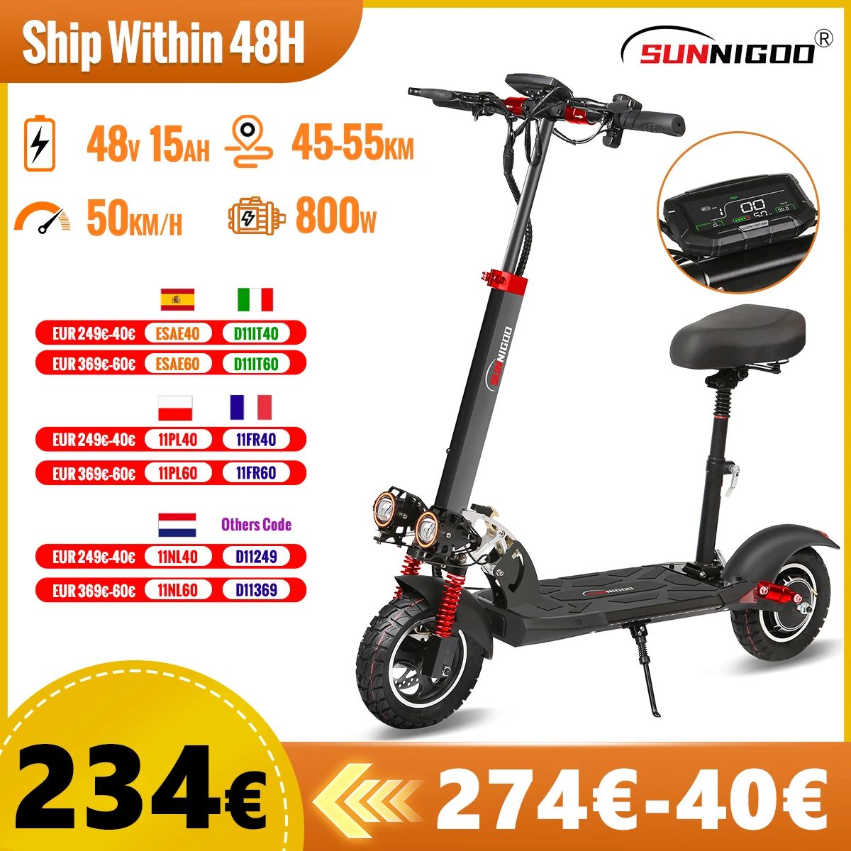 800W Powerful Electric Scooter 48V 15Ah Max Speed 50km/h 50km Range 10'' Tires Dual Shock Absorbing Folding EScooter for Adults
