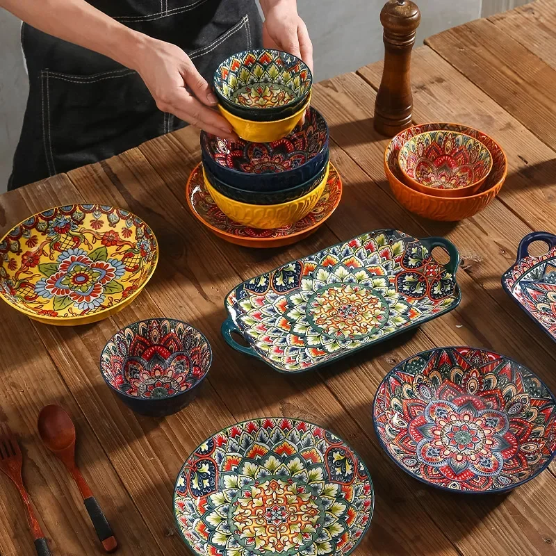Kreatives Keramik-Geschirr-Set, großer Teller, Teller-Kombination im böhmischen Stil, Teller-Set,