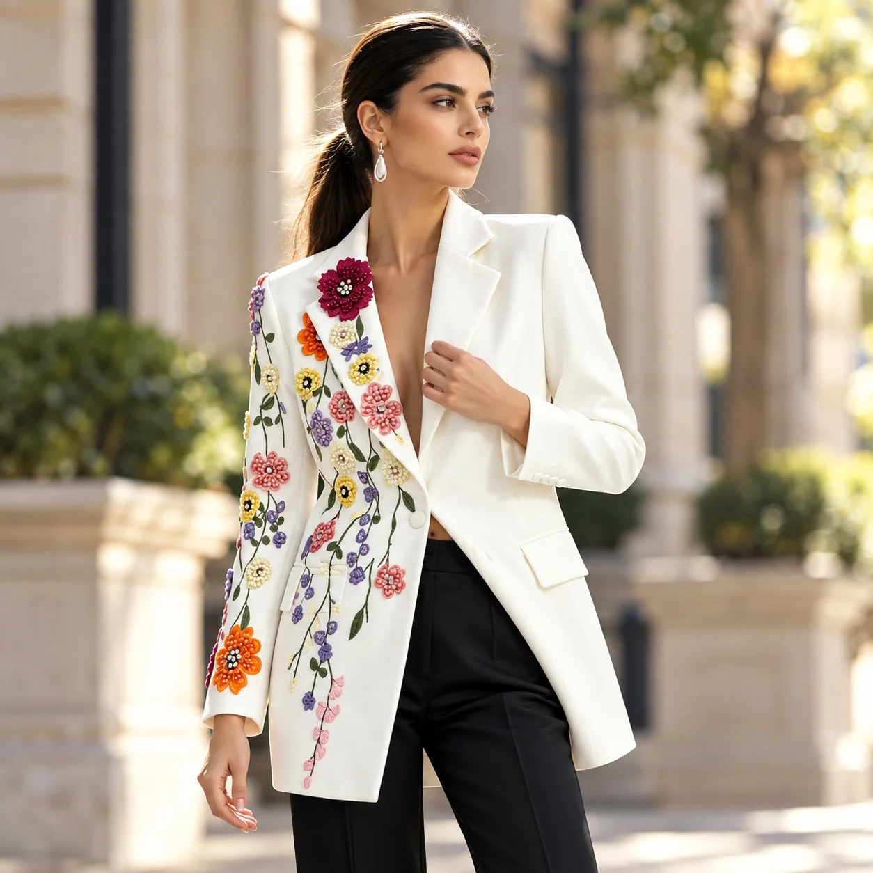 Floral Embroidery 3D Pattern Coat with Regular Length Commuter Style Regular Fit Single Button Closure Elegant Women Jacket