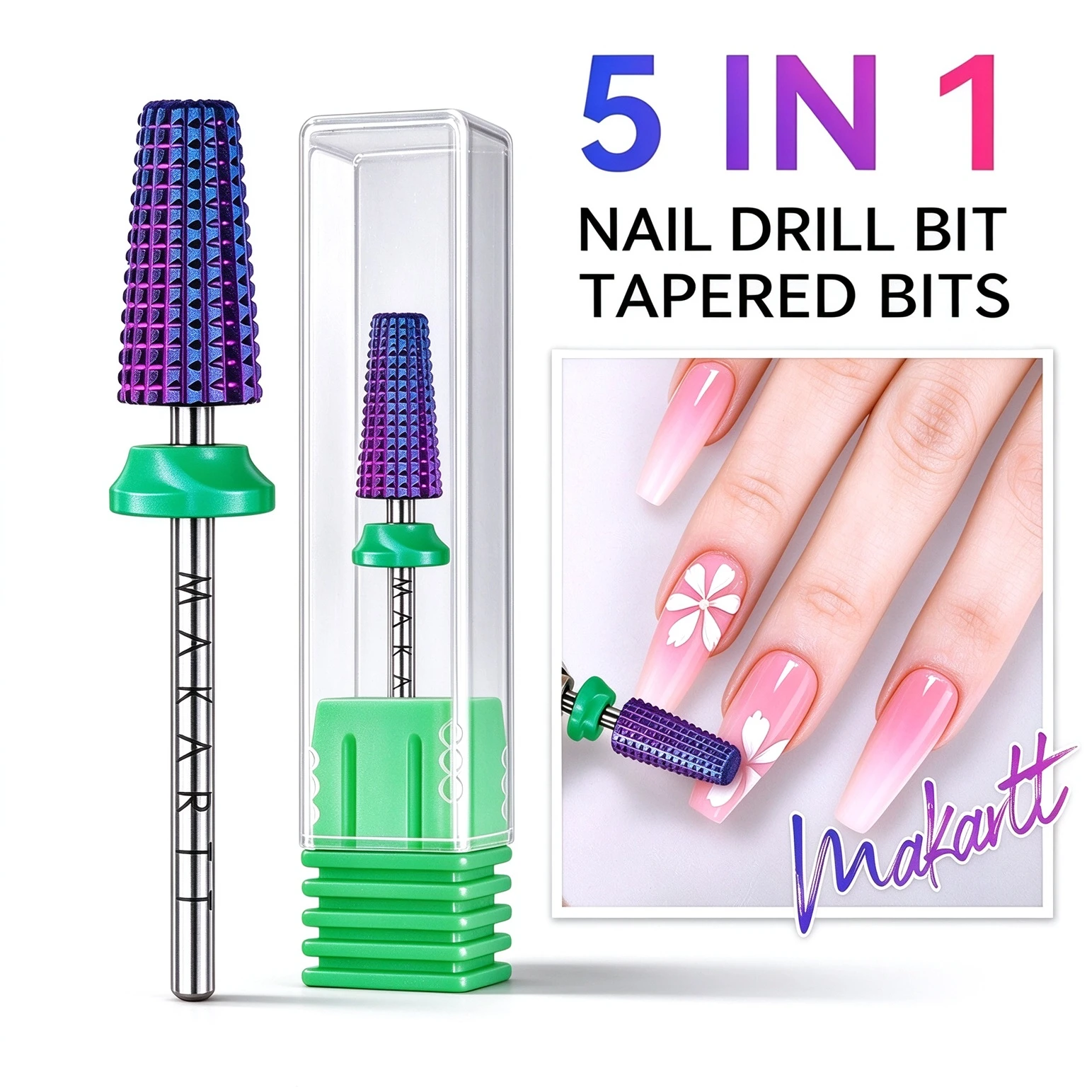 Makartt 5-in-1 Nail Drill Bit 3/32" Tungsten Carbide Tapered Bit for Acrylic Hard Gel Cuticle Removal Professional E-File Bit