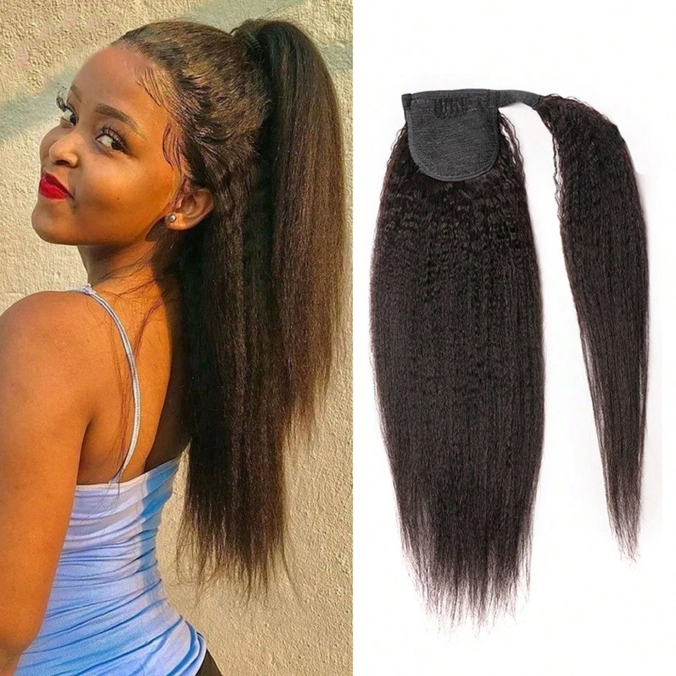 Kinky Straight Ponytail Extension Human Hair Wrap Around Clip In Ponytail Hair Extension 100G Real Human Hair PonyTail