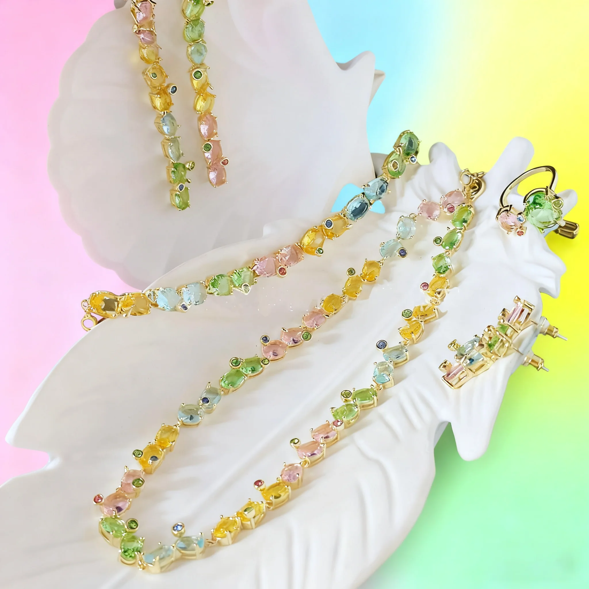 

Charms Candy 2025 New Zircon Crystal Fine Jewelry Set Candy Necklace Flower Earrings Ring for Women Romantic Gift