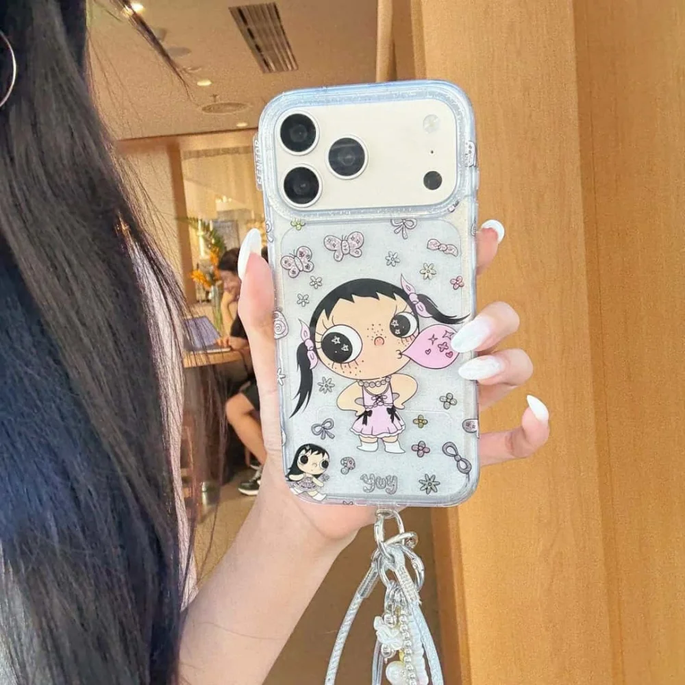

Kawaii girl cartoon phone case with pendant for iPhone17 16 15 Pro Max cute butterfly pattern anti-fall fashion protective case