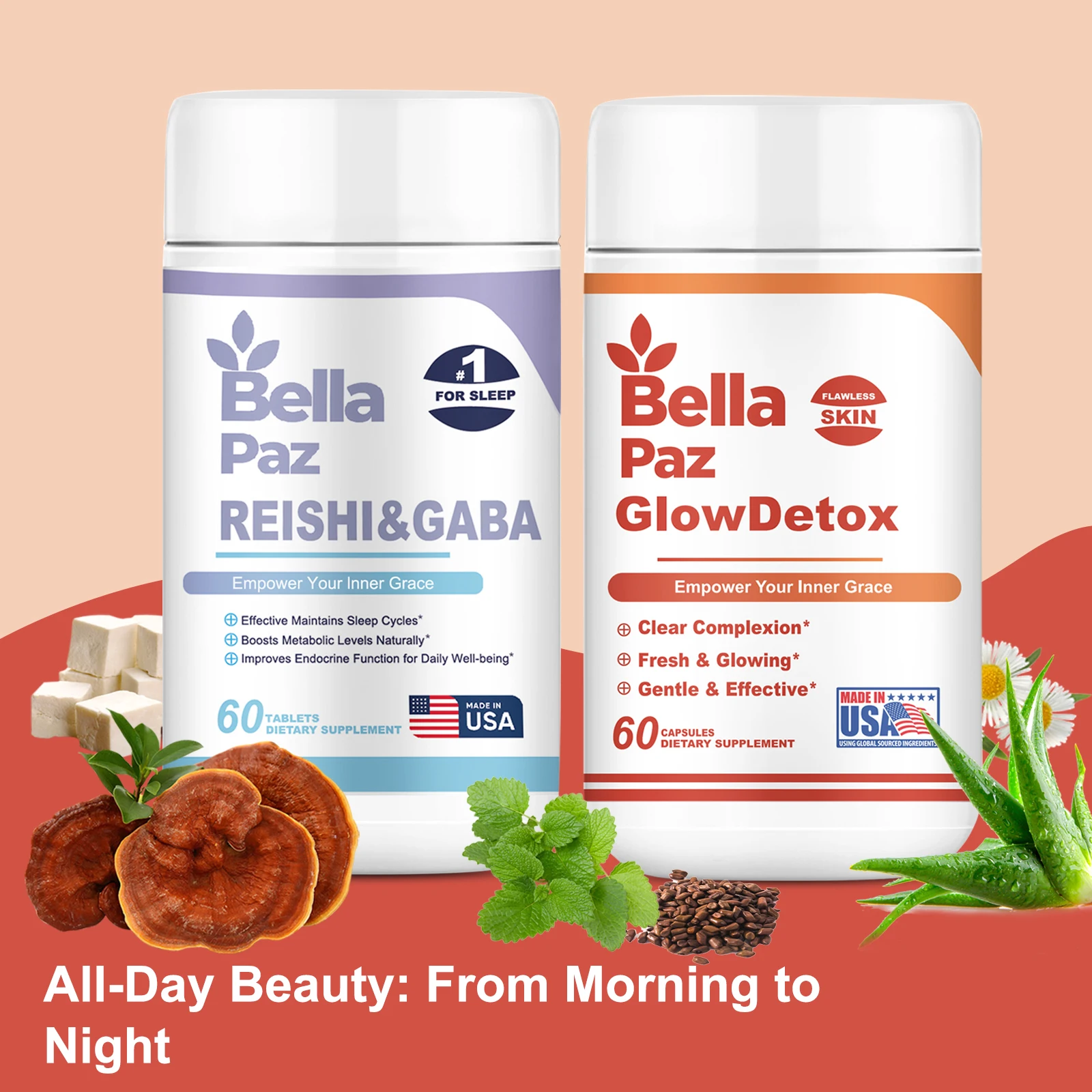 BellaPaz-GlowDetox و Reishi و GABA حزمة ، عناية كاملة على مدار 24 ساعة لجمال مشع ، تعزيز العافية ، نوم مريح