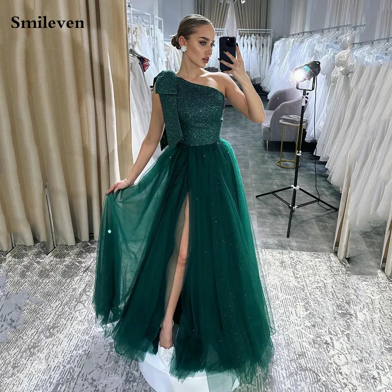 

Smileven Green Tulle Prom Dress Shiny Tulle One Shoulder Party Gowns Sexy Side Split Normal Evening Dress 2024