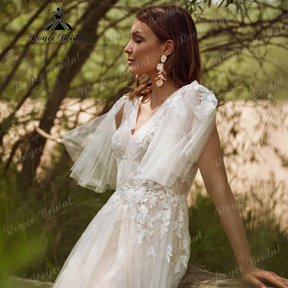 Rustic Garden Lace V Neck Lace Appliques WOmen Wedding Party Gown with Short Sleeve 2024 Robe Civil Bridal Gown robe de mariée