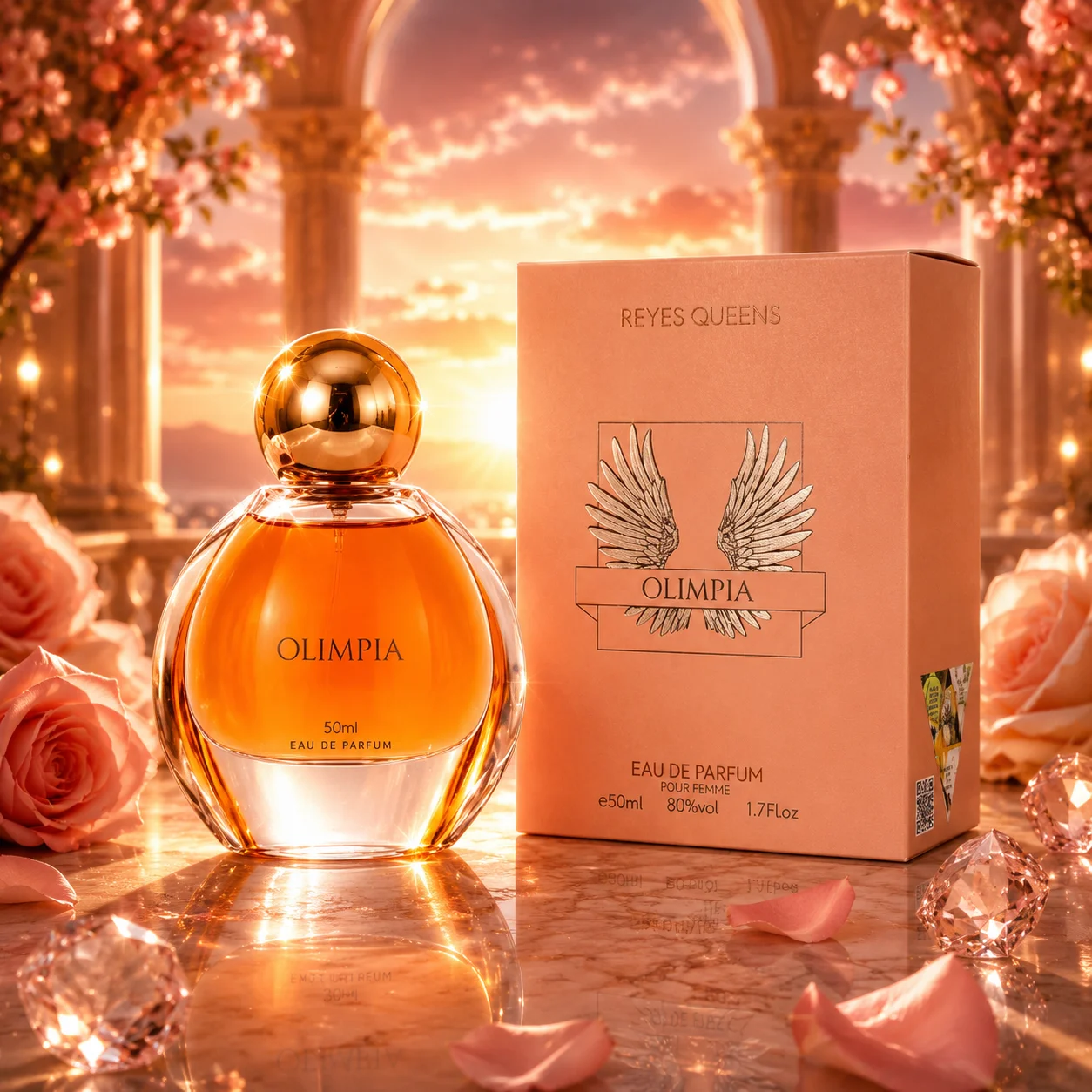 Reyes Queens - Olimpia 50 ml. Parfum féminin aux notes florales et d'agrumes, associé à des accords doux, de la vanille délicate et d'une base chaude et sensuelle.