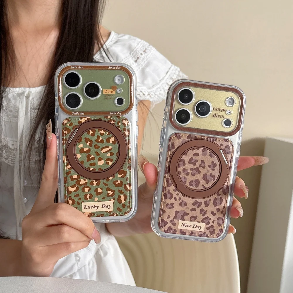 Korean Ins Leopard Print Leather Phone Case for iPhone 18 17 Pro Max 15 16 17 18 Pro with Magsafe Holder Fashion Anti-Fall Cover