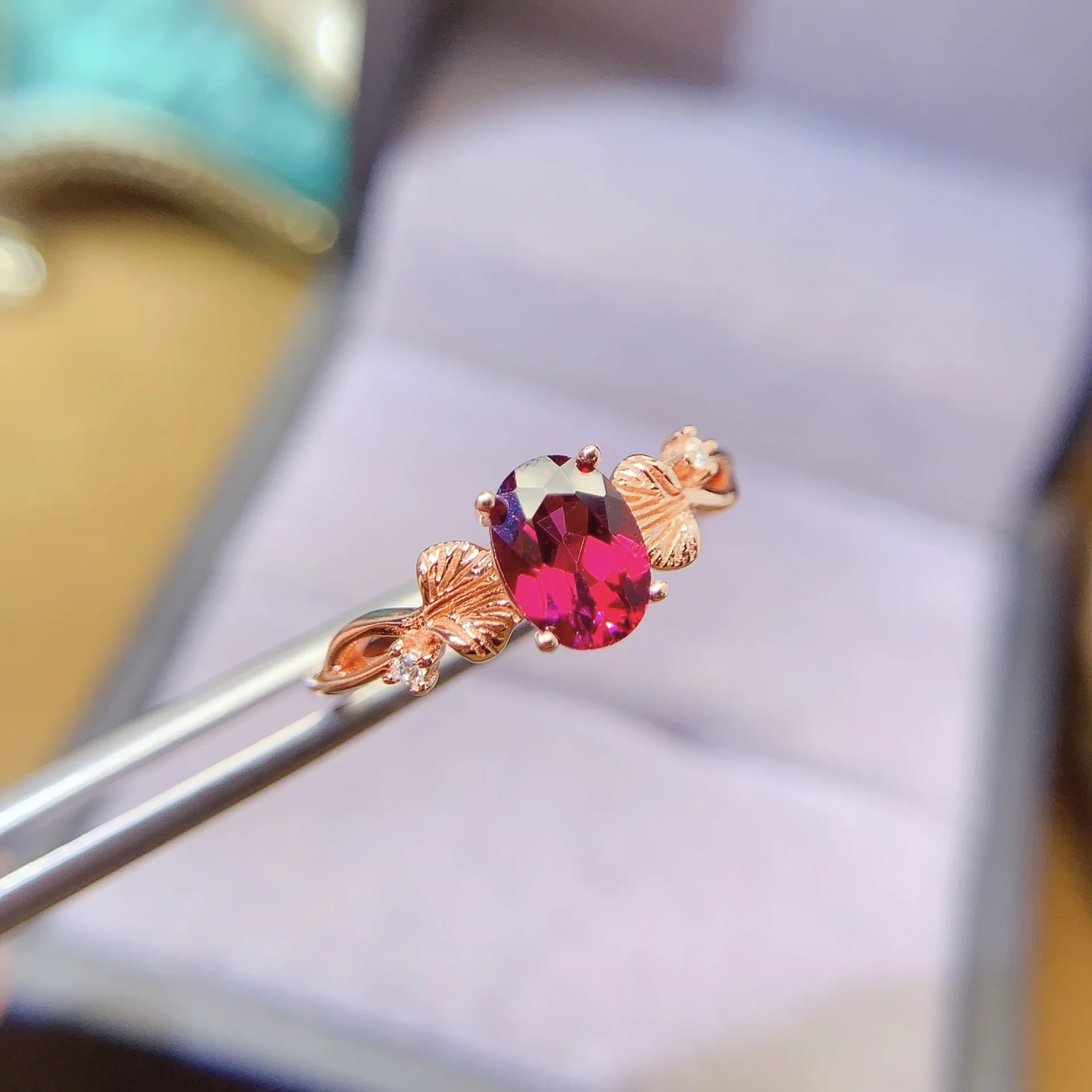 KJJEAXCMY Girls' 5x7mm Magnesium Aluminum Garnet Ginkgo Leaf Ring 925 Pure Silver Plated 18K Rose Gold Gift for Girlfriend Wedd