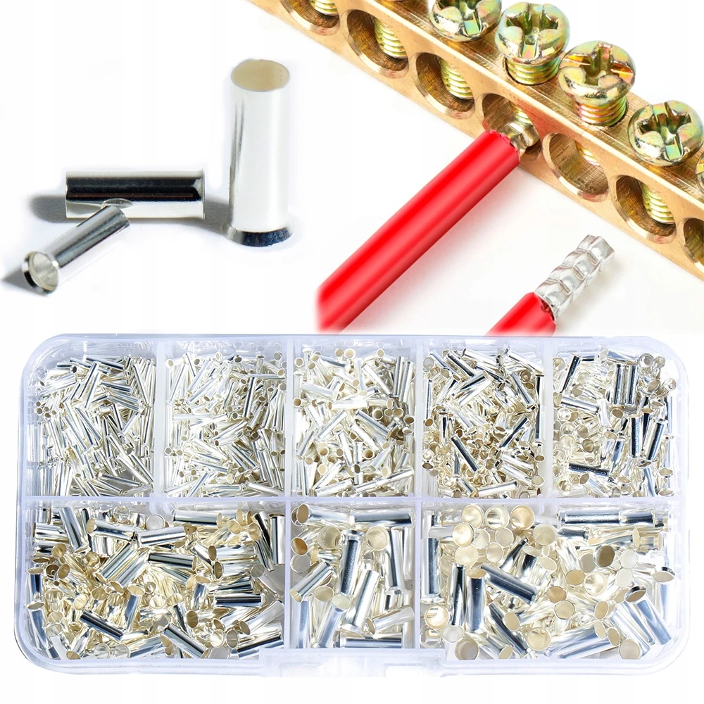 

1100Pcs Tin-coated Copper Uninsulated Terminal Bootlace Ferrules Cord End Electrical Cable Crimp Connector