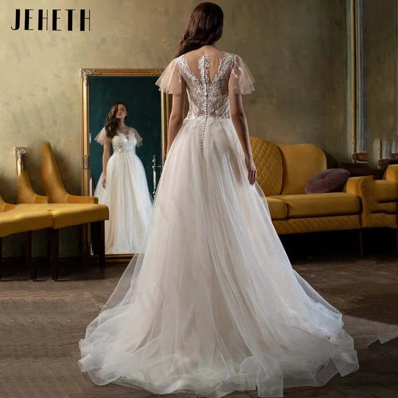 JEHETH Elegant A-Line Wedding Dress 2023 V-Neck Lace Short Sleeve Illusion Back Tulle Bridal Gowns Sweep Train Vestidos De Novia