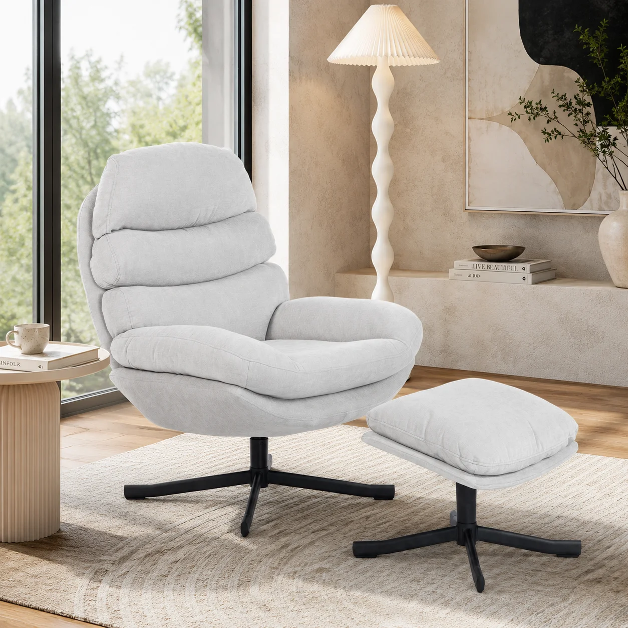 Fauteuil inclinable avec repose-pieds, fauteuil lounge en tissu chenille, fauteuil TV moderne, 78 x 93 x 100 cm, blanc crème