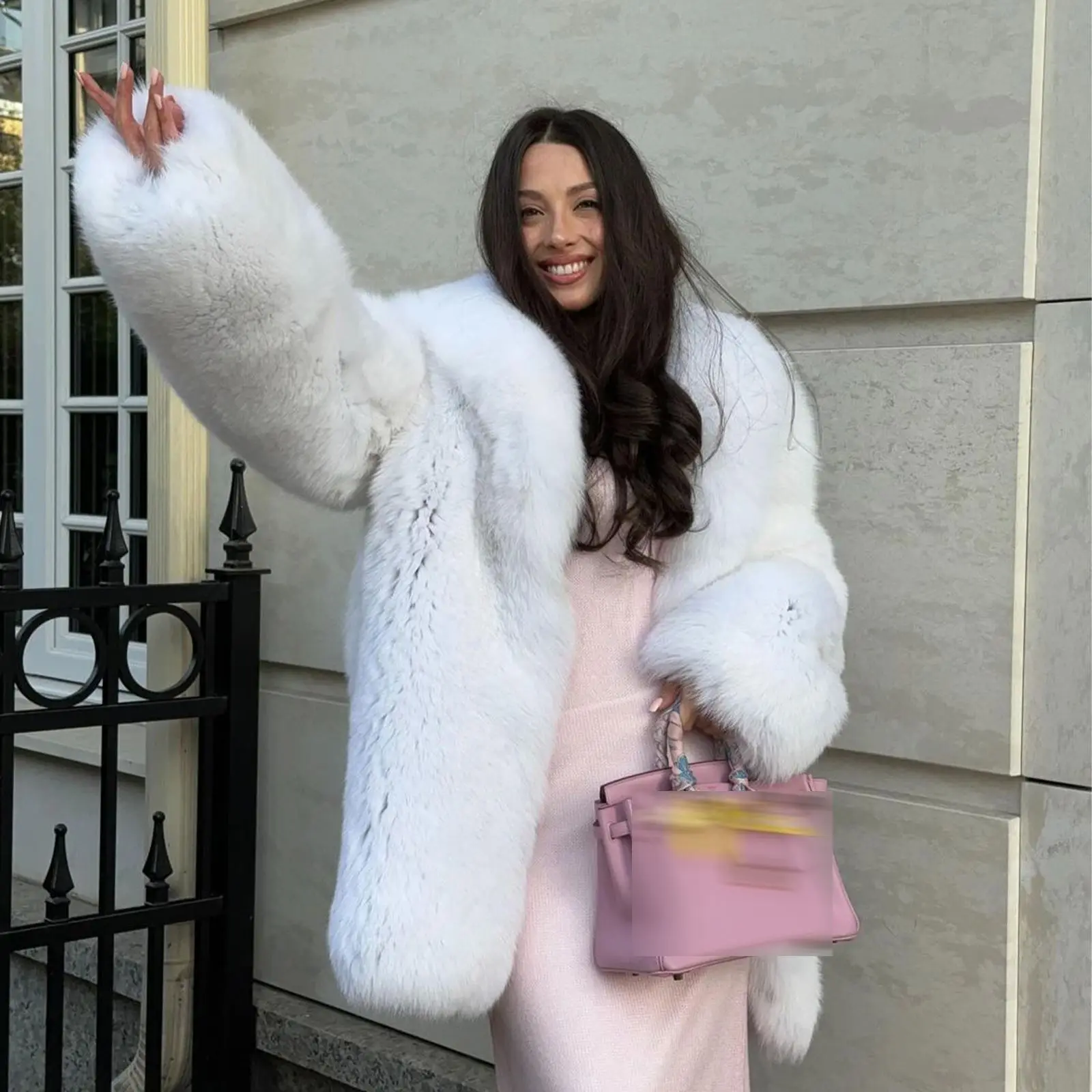 White Real Fox Fur Coat for Women Winter Outwear High Quality Woman Medium Length Natural Fox Fur Jacket with Turn-down Collar