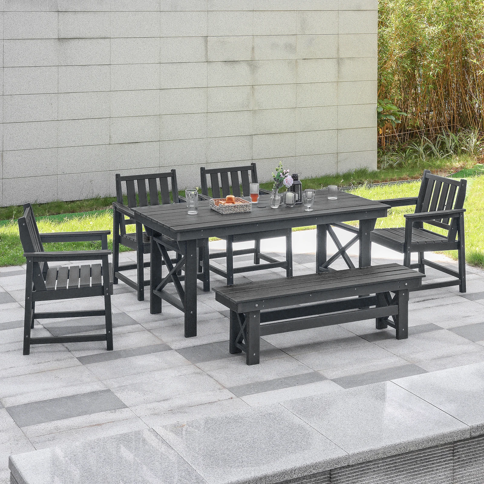 

SeeHill Obsidian HDPE Outdoor Dining Set, 6-Piece Patio Set with 4 Chairs, 1 Bench and Table, Weatherproof with Umbrella Hole