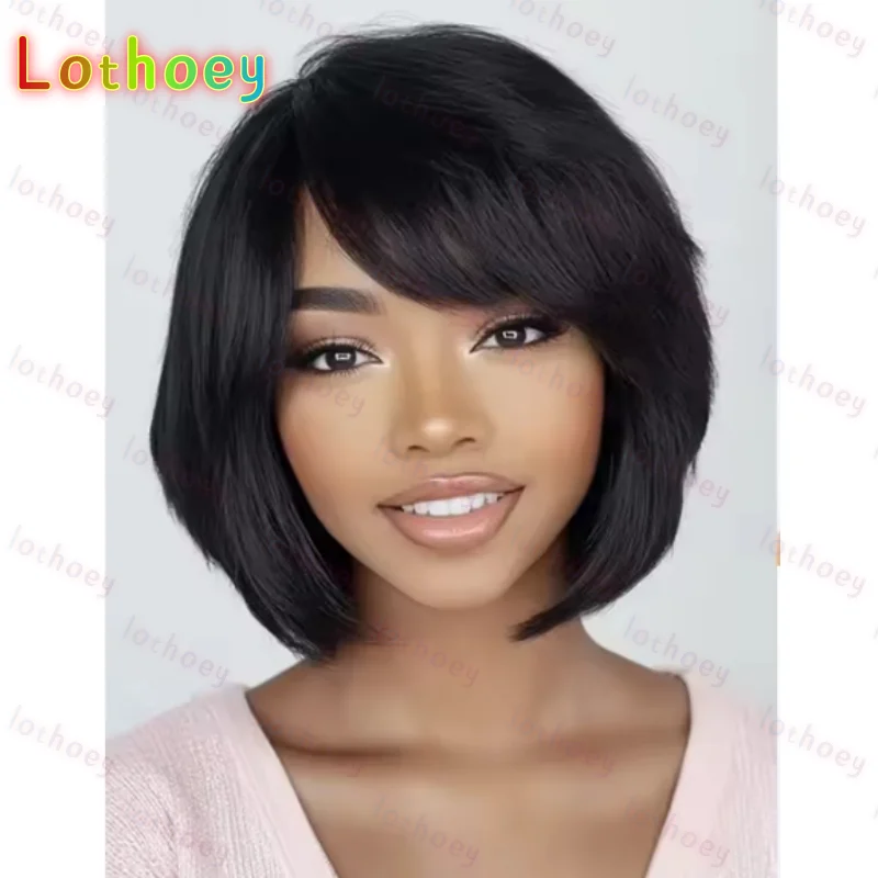 

Highlight Short Straight Bob Wigs Easy Wear Human Hair Wigs With Bangs Brazilian Original Human Hair Wigs Natrual Black