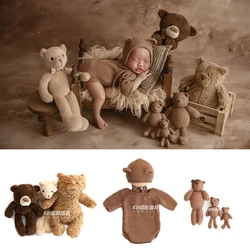 Newborn Photography Clothing Cute Bear Theme Baby Shoot Set Plush Knitted Bear Doll Toy Retro Backdrop Cloth Infant Photo Props