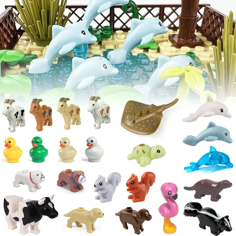 Blocs de construction MOC pour animaux de ferme, océan, briques de Zoo, jouets, nouvelle vache, flamant rose, loutre, écureuil, chien doré, chèvre, canard, Compatible avec LEGO