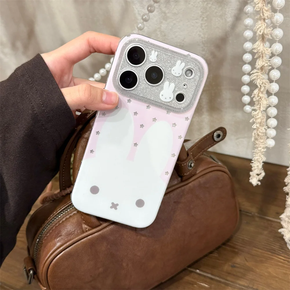 

Kawaii Big Ears Miffy Glitter Camera Phone Case for iPhone 17 Pro 13 14 15 16 Pro Max Cover Cute Shockproof Cases For 16Max Capa