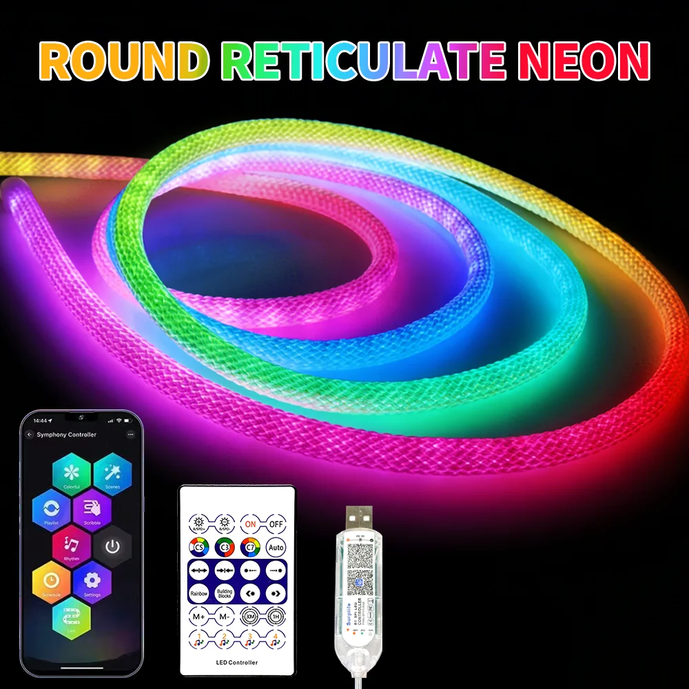 360 Degree Smart RGB DC5V WS2812B WS2811 Round Reticulate Pattern Neon LED Strip Flexible Silicon Light Tape IP67 And 28Key Kit