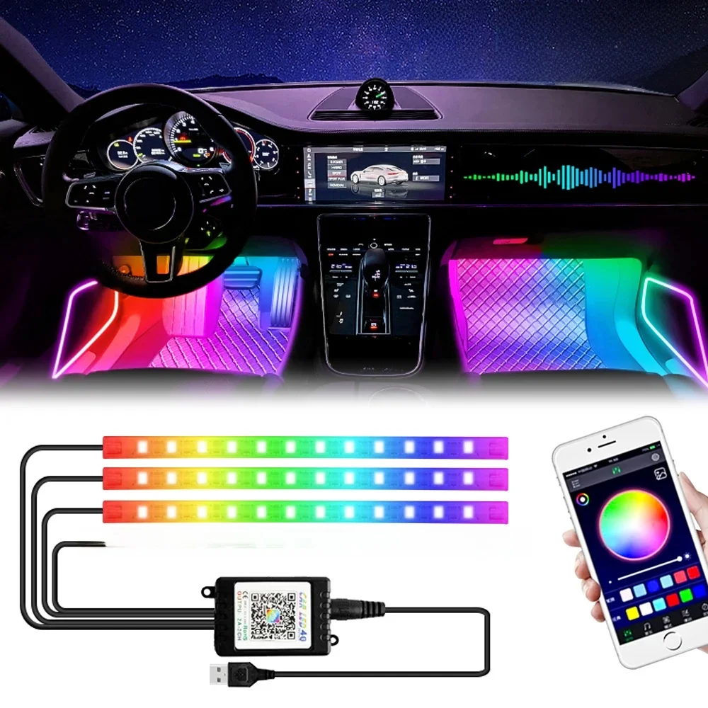 Neon 48 72 LED Auto-Innenraum-Umgebungsfußlicht mit kabelloser USB-Fernbedienung, Musik-App-Steuerung, automatische RGB-Atmosphäre, dekorative Lampen