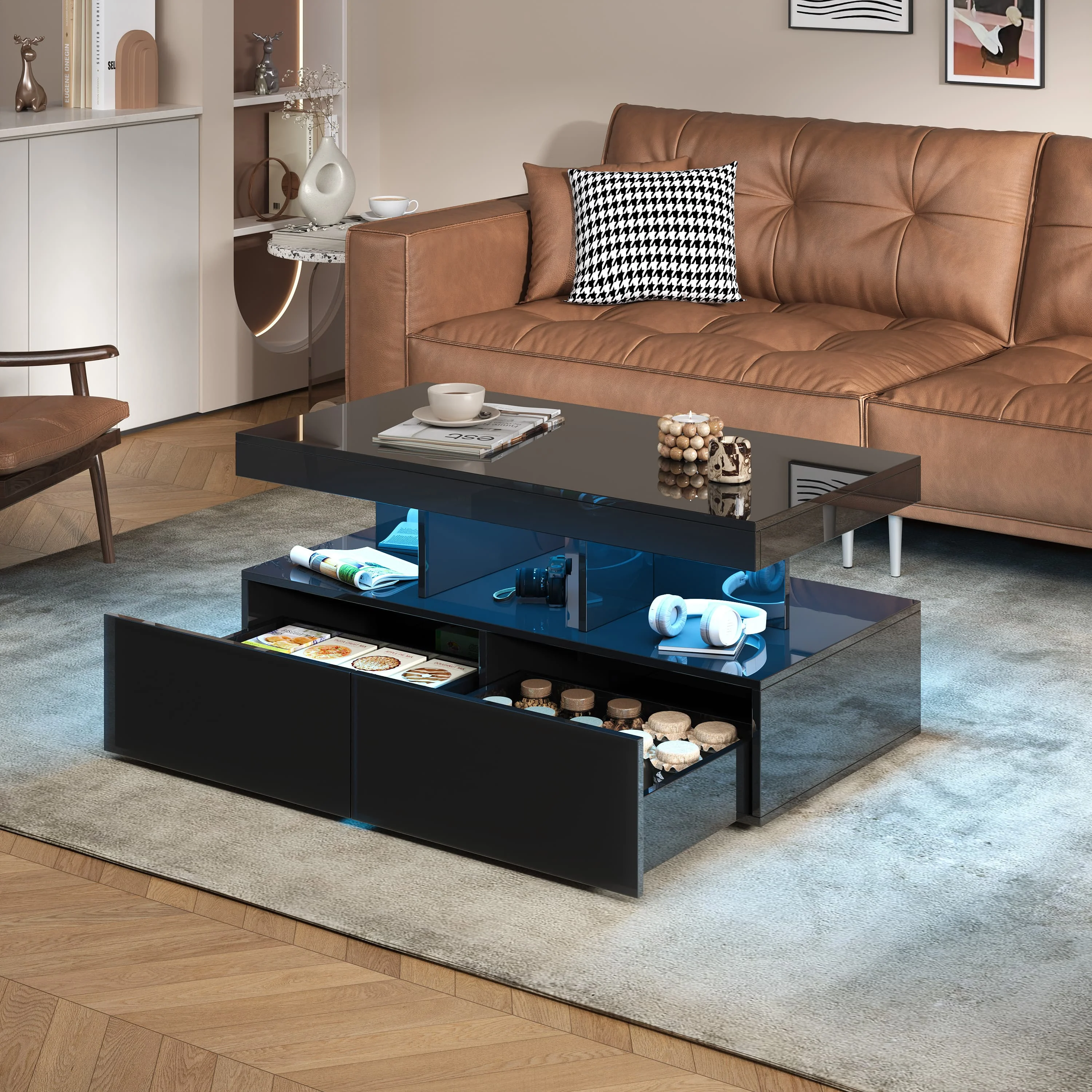 High Gloss coffee table, side table Black with LED and 2 Drawers, Modern Sofa Table with Open Shelf, 104x53x46cm