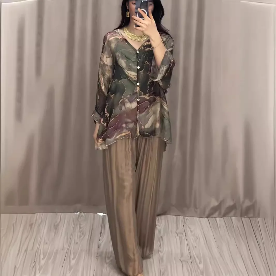 Women Vintage Print 2 Piece Sets Elegant Loose Casual Single Breasted Blouse Shirts Wide Leg Pant Suit Summer Two Piece Set