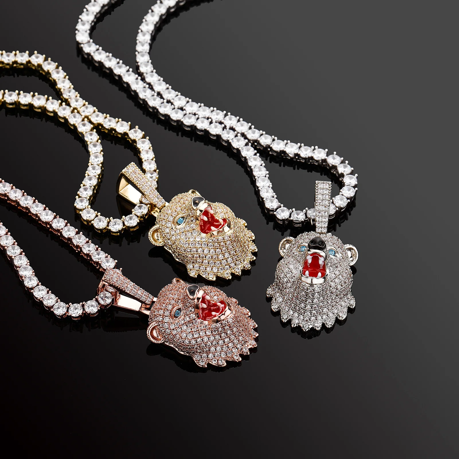 

New Luxury Bear Head Pendant Necklace with Cubic Zirconia Inlay Red Gem Tongue Blue Crystal Eyes Exquisite Animal Charm Jewelry