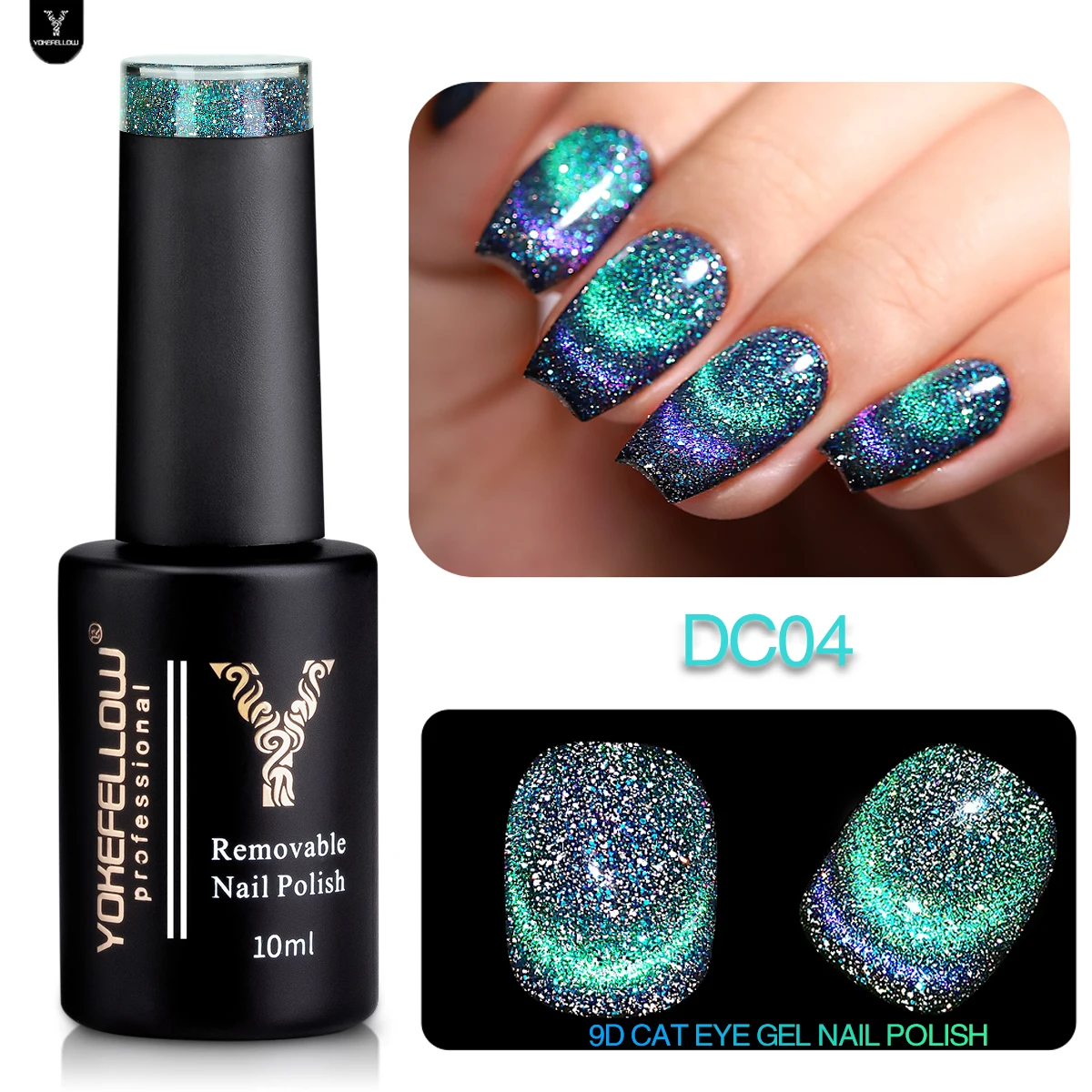 YOKEFELLOW 9D 10ml Sea Green Cat Eye Gel Nail Polish Magnetic Nail Art Varnish Sparkly Glitter Effect Soak Off UV Gel Nail Art