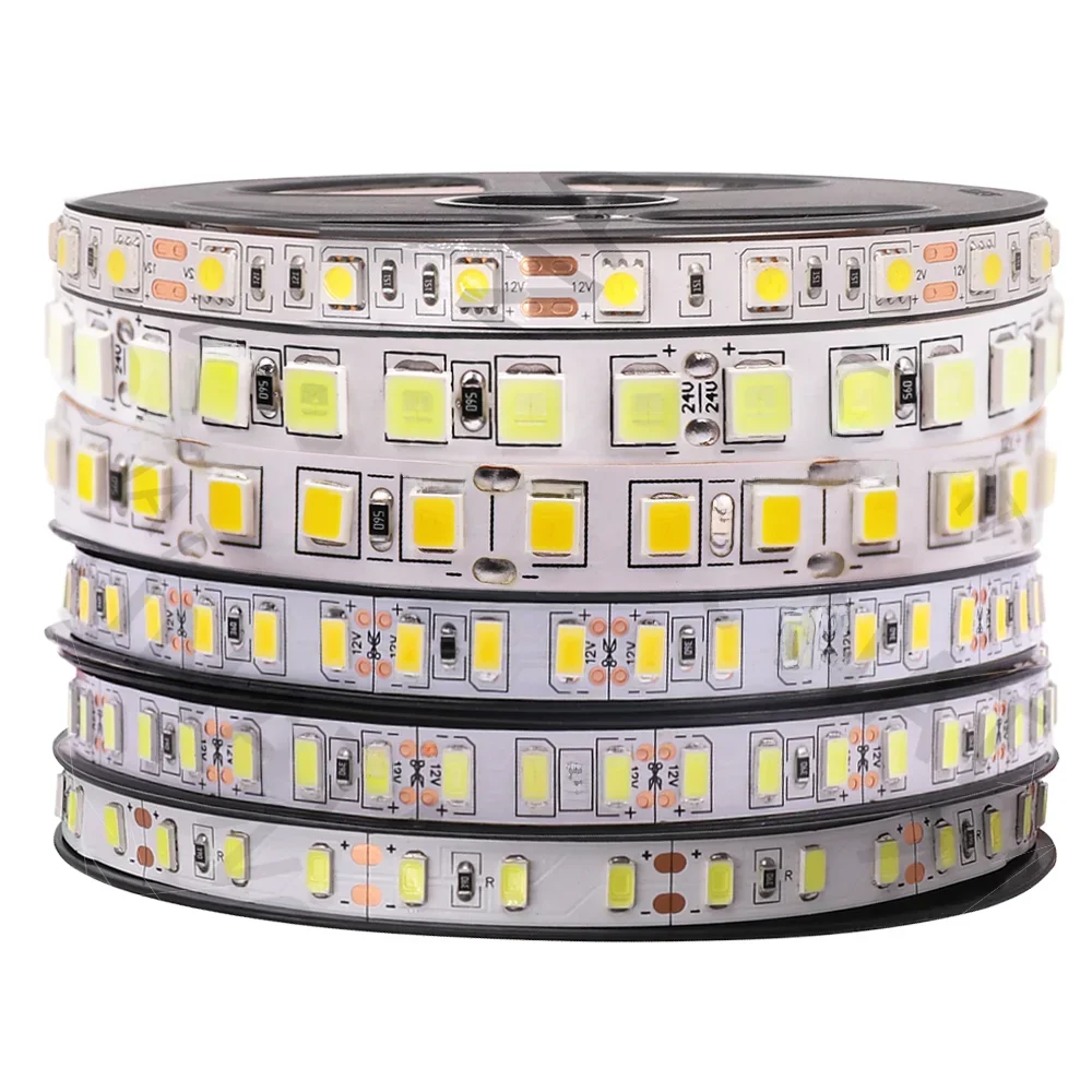 Bande LED 5M 12V 24V 5050 5054, Diode 60 120 240 480 diodes/m SMD2835, ruban étanche, décor de salle, blanc/blanc chaud/naturel