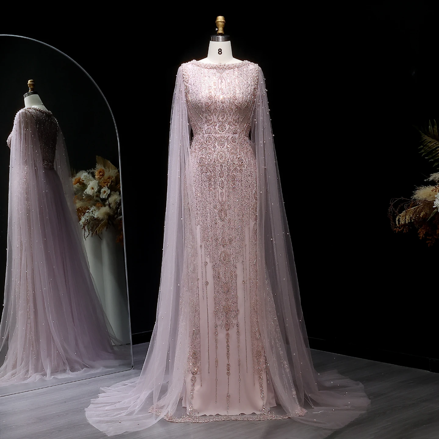 Sharon Said Luxuriöses Champagner-Abendkleid mit Cape-Ärmeln, Pailletten und Perlen, für formelle Anlässe und Partys, SS668, maßgeschneidert – Detail 10