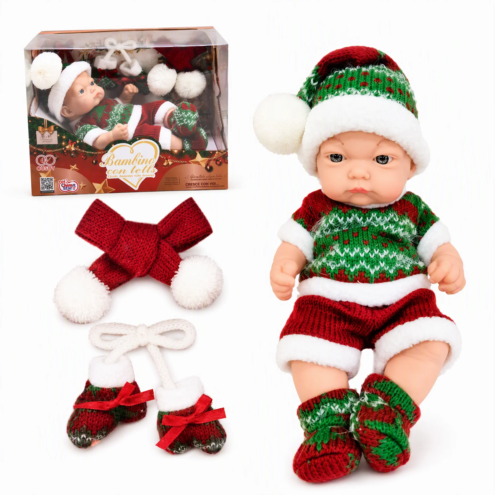 25 cm babypop met een gebreide kerstoutfit, muts, sjaal en schoenen. Twee verschillende modellen om uit te kiezen, ideaal als kerstcadeau voor meisjes.