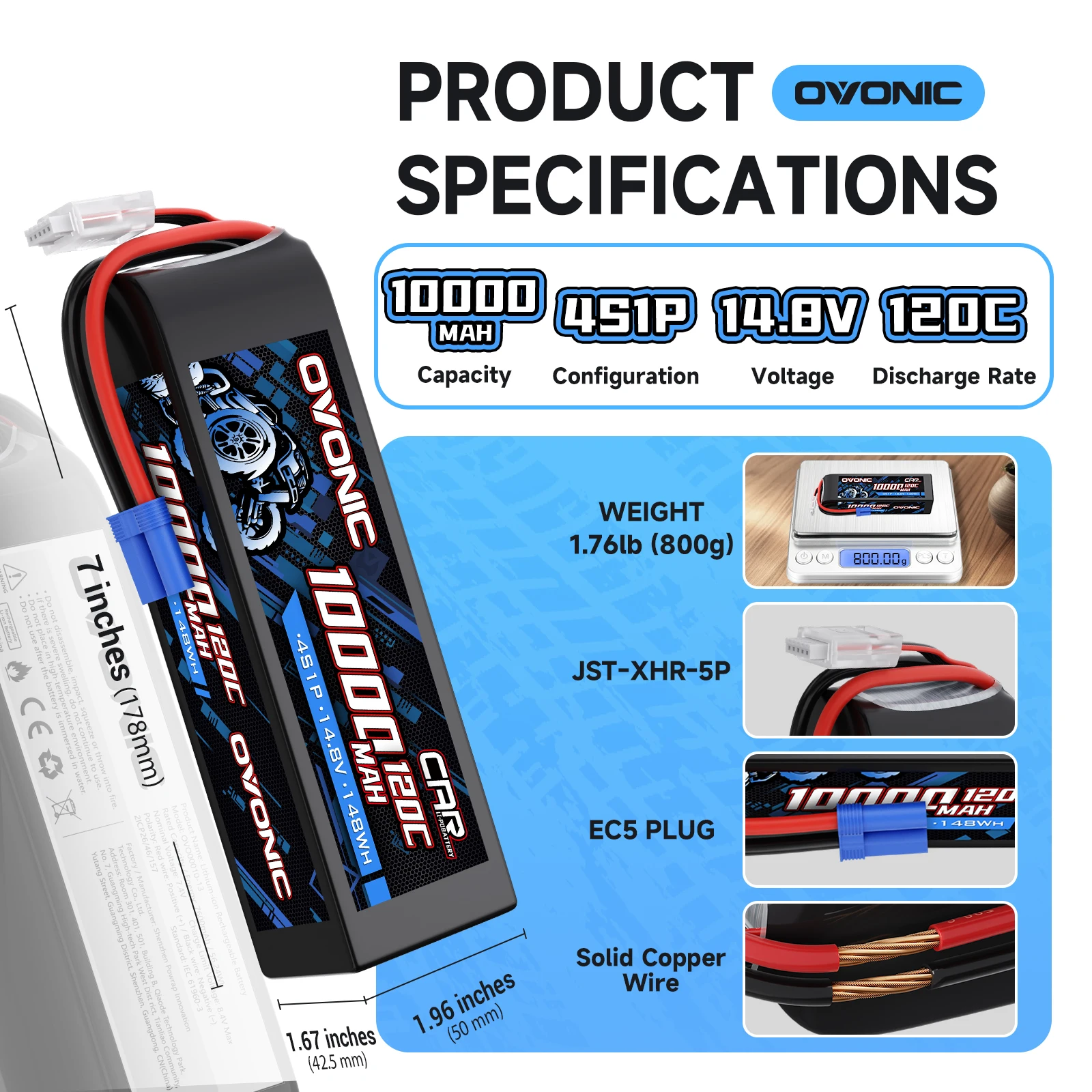 OVONIC 4S Lipo Battery 10000mAh 120C 14.8V EC5 Connector RC Battery 2‑Pack for RC Cars Trucks, Compatible with Arrma Models