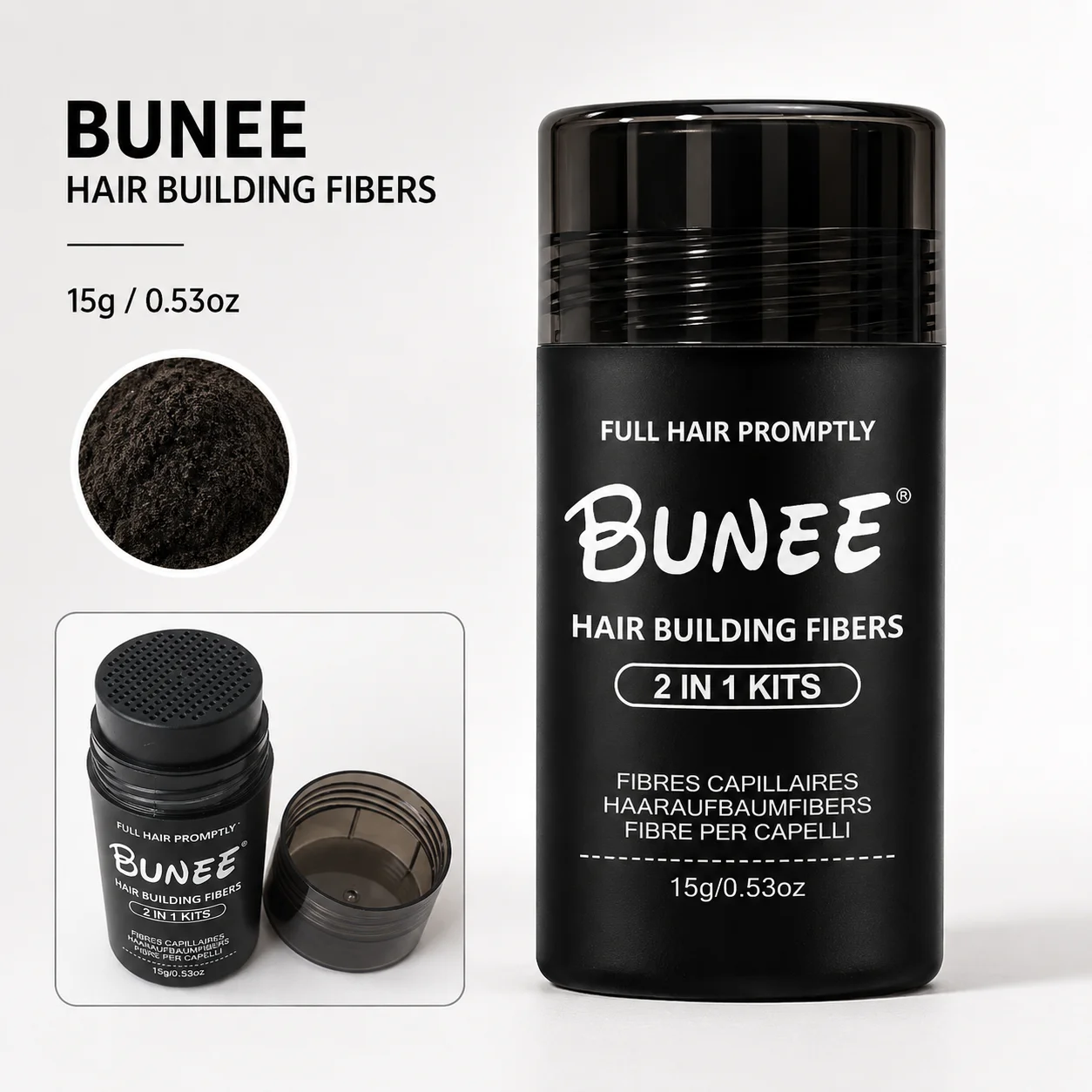 BUNEE Hair Building Fibers 15g, Natural-Looking Hair Fiber Powder for Thinning Hair, Lightweight Coverage for Fuller-Looking Hai