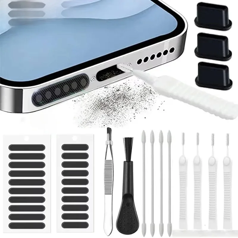 Ensemble de nettoyage de Port de chargement de haut-parleur de téléphone portable, 66 pièces, bouchon anti-poussière pour écouteurs iPhone 17 16 14, Kit de nettoyage, brosse pour Samsung Xiaomi