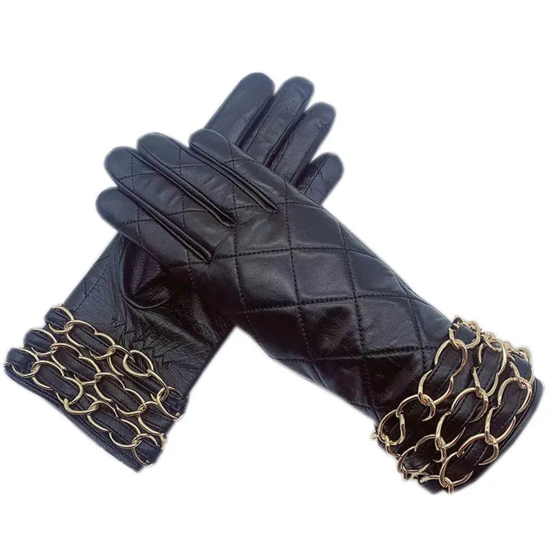 Winter ladies new genuine leather gloves warm black driving riding yellow metal chain line gift ladies sheepskin warm leather gl